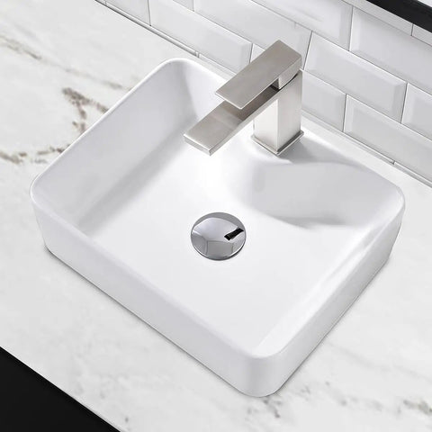 White Rectangle Ceramic Vessel Sink With Faucet And Pop Up Drain Vanity Bathroom Basin Combo Set In Modern Style Includes Stainless Steel Faucet And Chrome Drain For A Sleek Dope Look, top view on marble counter