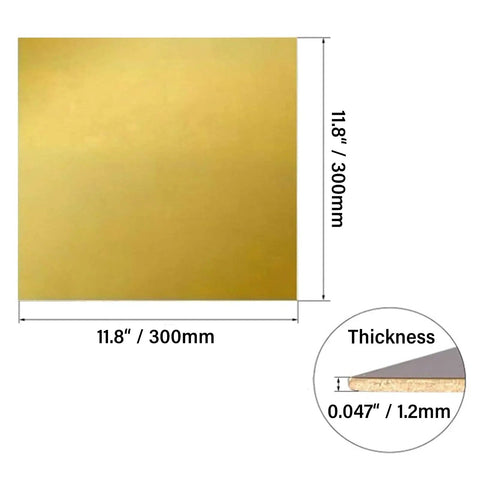 Premium H62 Brass Sheets 1.2mm Thick 300x300mm showing size and thickness, ideal for tool making and custom jobs.