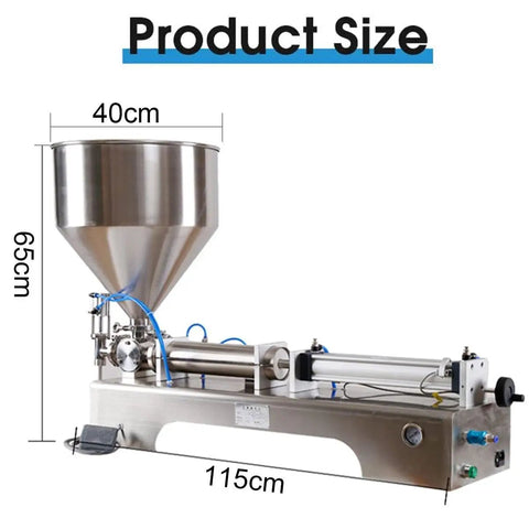 Heavy Duty Pneumatic Liquid Filler Machine dimensions, 100ml precision build, stainless steel, suitable for honey and lotions.