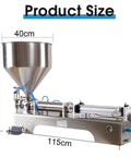 Pneumatic Liquid Filling Machine Automatic Paste Bottle Dispenser For Honey Chocolate Oil Cosmetics Boss Level Precision Shop Hustle Approved Workhorse 100ml Capacity with stainless steel funnel and dimensions.