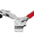 Badass 500Lb Vertical Toggle Clamp With Carry Case Built Tough For Heavy Duty Assembly And Testing Pro Metalworking Jig Non Slip Grip Top Shelf Industrial Clamping Gear showing steel lever with red grip.