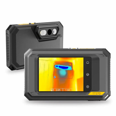 Dual-Lens WiFi Heat Cam With AI Upscale To 640x480 UIRA-IR 2MP Visual Sensor Five Modes front view on display, 2.0ft
