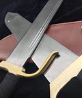 Bart Cham Dao Damascus Steel Hand Made Sword With Brown Leather Sheath showing copper handle detail for Wing Chun training