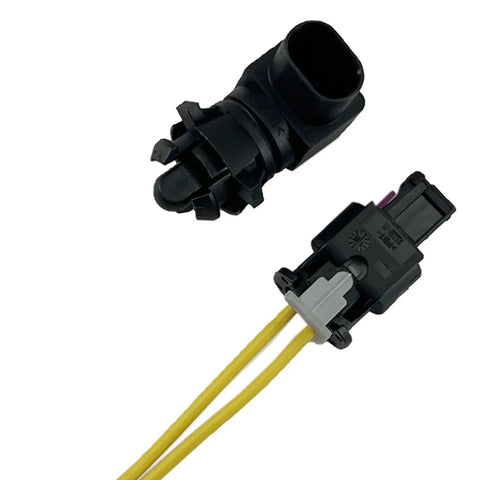 Straight Shot Ambient Air Temperature Sensor With Pigtail Wire Harness, black connectors and yellow wires, ideal for Cadillac Buick GMC trucks.