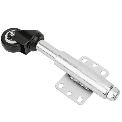 Heavy Duty Spring Loaded Farm Gate Wheel With Slick Shock Absorbing Polyurethane Roller For Smooth Tubular Steel Or Wooden Ranch Gates close-up view of the roller and metal frame