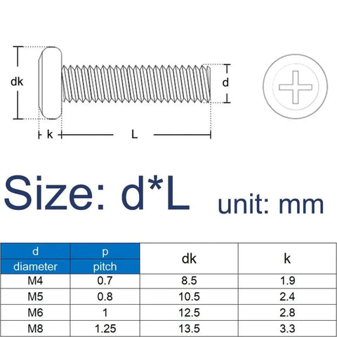 Socket Cap Screws Flat Head Set Black Carbon Steel Cross Recessed M4 M5 M6 M8 Corrosion Resistant size chart