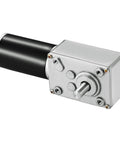 12V 10RPM 40Kg.cm Self-Locking Reversible Worm Gear Motor With 8mm Shaft Cable, side view of metallic gearbox and black motor