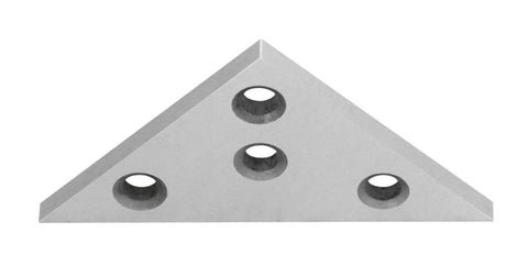 Solid angle plate triangle with four countersunk holes, gray metal surface
