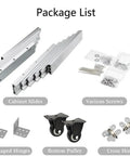 Rock Solid Full Extension Table Slide package list showing aluminum slides, various screws, and cabinet hardware components.