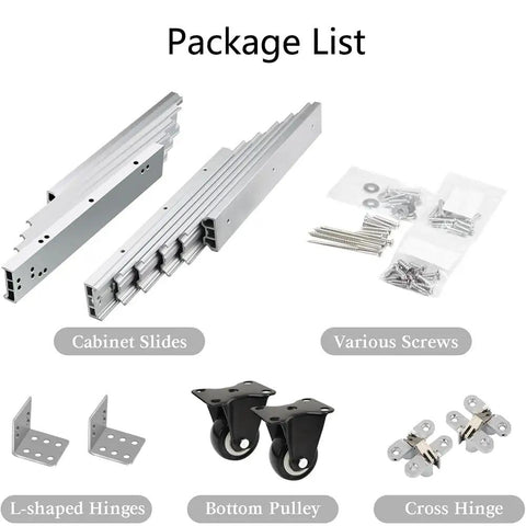 Rock Solid Full Extension Table Slide package list showing aluminum slides, various screws, and cabinet hardware components.