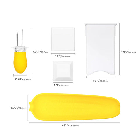 Twin Prong Corn Cob Holders And Butter Spreader Set For Barbecue Safe Grip with dimensions shown, including skewers and butter dish.