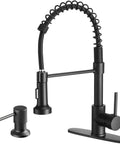 Kitchen Sink Faucet 0198R black pull-down faucet with coiled hose and matching soap dispenser for kitchen use.