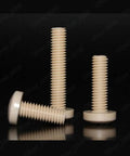 Heavy Duty PEEK Plastic Phillips Pan Head Machine Screws Built Like A Tank For Quick Fixes And Tough Jobs With UL94 V0 Flame Rating And Zero Rust Build; three screws with pan heads and threaded bodies.
