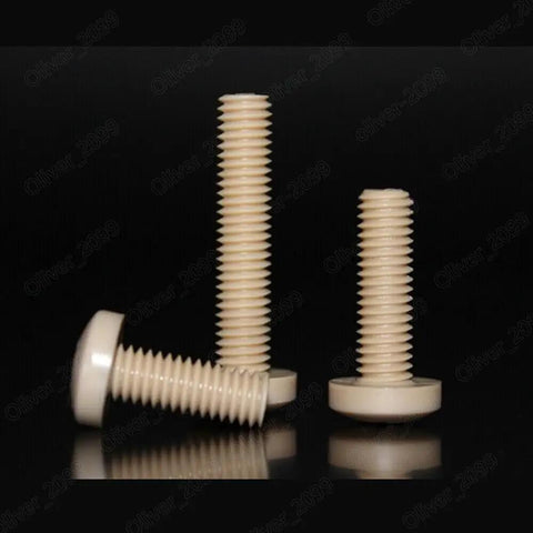 Heavy Duty PEEK Plastic Phillips Pan Head Machine Screws Built Like A Tank For Quick Fixes And Tough Jobs With UL94 V0 Flame Rating And Zero Rust Build; three screws with pan heads and threaded bodies.