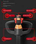 Electric Pallet Jack For Warehouse Use With Hydraulic Lift And Long Reach Forks Smooth Loading And Unloading Of Heavy Pallets Mobile Forklift Style Pallet Truck For Easy Transport, handle controls