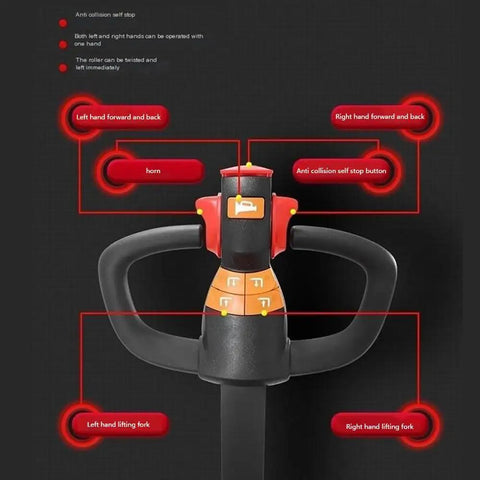 Electric Pallet Jack For Warehouse Use With Hydraulic Lift And Long Reach Forks Smooth Loading And Unloading Of Heavy Pallets Mobile Forklift Style Pallet Truck For Easy Transport, handle controls