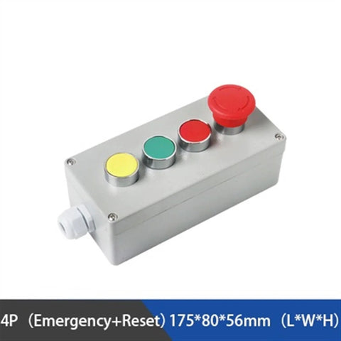 Front view of cast aluminum push-button control box with four buttons (yellow/green/red) and red mushroom, 175x80x56 mm
