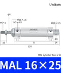 Technical diagram of MAL Mini Pneumatic Cylinder With Magnetic Five Eighth Inch Bore 16mm And 1 Inch Stroke 25mm showing dimensions.