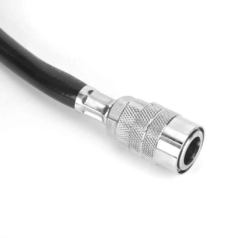 Total Game Changer 7.5 Meter PVC Air Hose Kit With Lightning Fast Quick Connect Fittings For Pneumatic Tools And Air Compressor Units Legit High Quality Built Solid For Tough Auto Repair Home Maintenance And DIY Projects Anywhere black PVC hose quick-connect fitting close-up