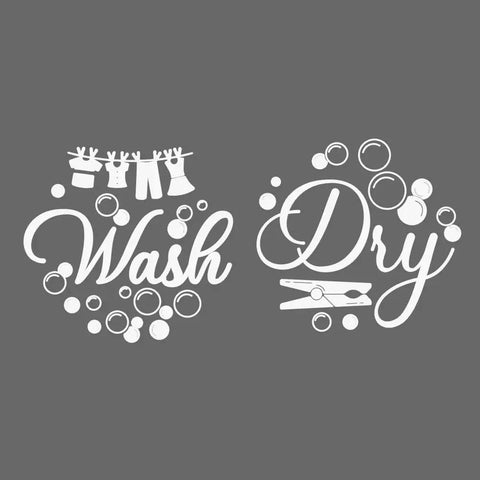 Heavy Duty Laundry Room Wall Stickers Featuring Wash And Dry Vinyl Decals For Your Home With Straight Up Minimalist Diy Decor Vibes In Crisp White Wall Accent Look, showcasing crisp white 'Wash' and 'Dry' decals with bubbles.