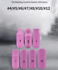 Heavy Duty 10 Pack TIG Torch Kit Nozzles Including Ceramic Cups For Aluminum Jobs High Heat Resistance Up To 3k Degrees F Welding Gear, pink ceramic nozzles numbered 4 to 12.