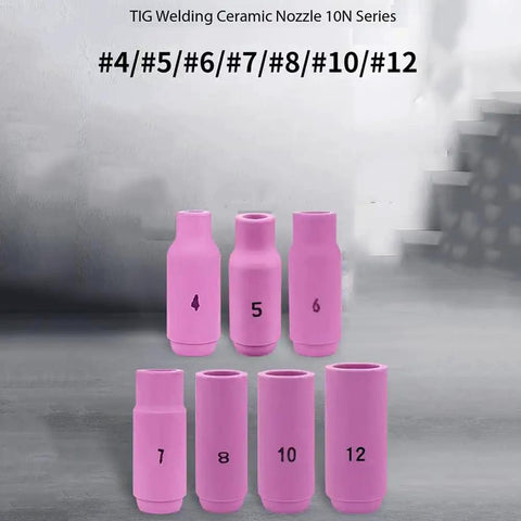 Heavy Duty 10 Pack TIG Torch Kit Nozzles Including Ceramic Cups For Aluminum Jobs High Heat Resistance Up To 3k Degrees F Welding Gear, pink ceramic nozzles numbered 4 to 12.