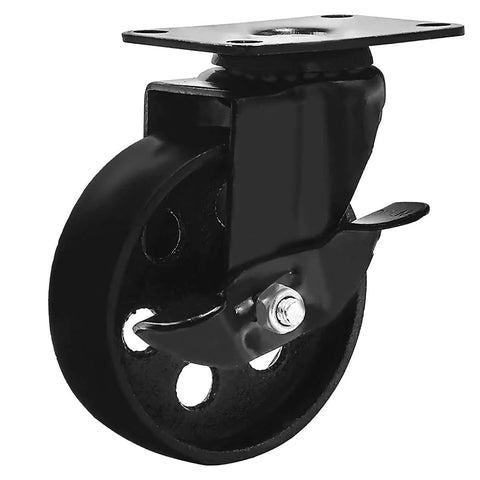 All Black Metal Swivel Plate Caster Wheels With Brake Lock, Heavy Duty 4 Inch Iron Casters, 400 Lb Each Capacity, side view