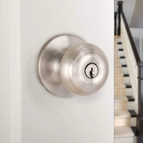 Exterior Door Knob With Lock For Your Pad, Classic Satin Nickel Finish, Brass Body, Steel Core, Adjustable Latch