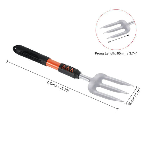 Set of 2 15.7 Inch Hand Garden Fork With 3 Tines High Carbon Steel Non Slip Ergonomic Handle Hardened Digging Pitch Fork For Weeding Transplanting Loosening Soil Planting Garden Farm Backyard Use showing length and handle details.
