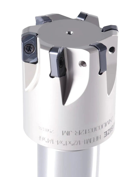 Beefy High Feed Indexable End Mill With One And A Half Inch Cutter Diameter And One Inch Shank Six Flutes Accepts LNMU030312R-JM Inserts Carbide With TiAlN Coating HFEM-1112 For Quick, Smooth Metal Cutting And Long Tool Life.