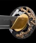 Close-up of 40 Inch Japanese Iaito For Training With Dull Blade Handmade Full Tang Practice Sword's ornate hilt and guard detail