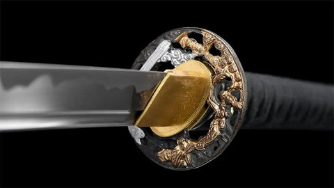 Close-up of 40 Inch Japanese Iaito For Training With Dull Blade Handmade Full Tang Practice Sword's ornate hilt and guard detail