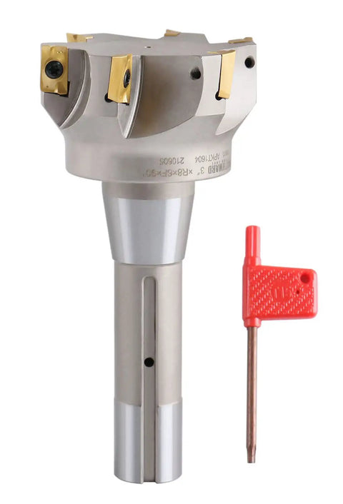 3 Inch Cutting Diameter Indexable End Mill With 6 APKT1604 Carbide Inserts 90 Degree Right Hand Cut R8 Shank Six And A Quarter Inch Overall Length Pro Grade Tough As Nails No Coolant Through
