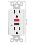 Heavy Hit Smart GFCI Outlet With Built Tough Safety Shutters And Slick 15 Amp 120 V Wall Socket showing front view with dimensions.