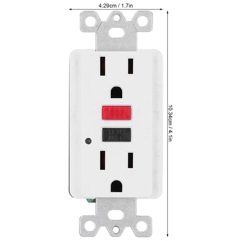 Heavy Hit Smart GFCI Outlet With Built Tough Safety Shutters And Slick 15 Amp 120 V Wall Socket showing front view with dimensions.