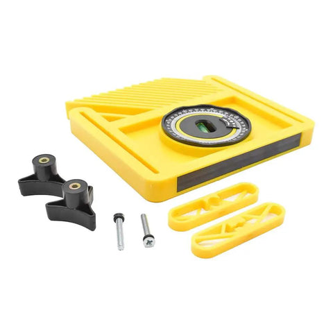 Heavy Duty Featherboard With Built In Level And Quick Angle Finder Featuring Strong Magnetic Mount For Router Tables And Table Saws, yellow plastic, accessories included.