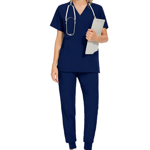 Nurse Scrubs Set For Women Uniform Top And Jogging Pants Navy Blue Machine Washable with stethoscope and clipboard