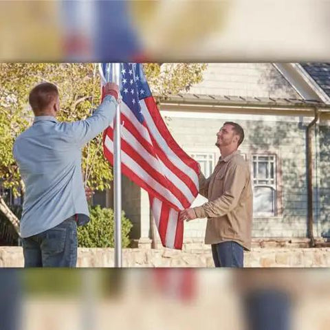 Two people installing Defender Inground Flag Pole Kit Built Tough For Outdoors With Winds Up To 130 MPH Dual Flag Pole Holder