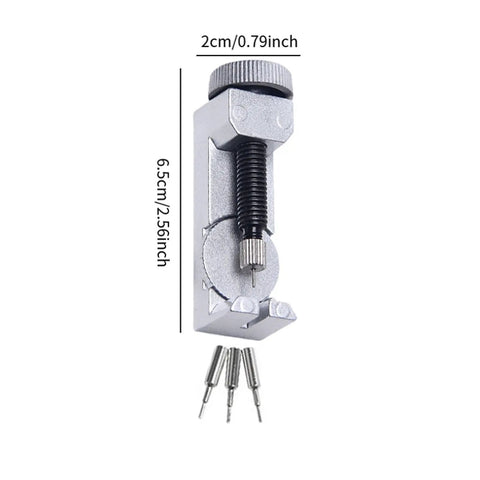Watch Chain Link Remover Kit with Spring Bar Tool and pin replacements for band adjustment, silvery steel, 6.5x2cm size.