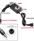12V DC Power Supply And Fan Controller with adjustable voltage, input 100-240V AC, output 3-12V DC, with cable details visible.