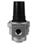 Top Shelf Air Pressure Regulator Valve For Compressor With Included Dial Gauge And Quick Lock Knob, heavy-duty aluminum valve with black knob.