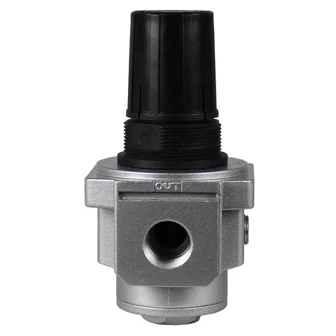 Top Shelf Air Pressure Regulator Valve For Compressor With Included Dial Gauge And Quick Lock Knob, heavy-duty aluminum valve with black knob.