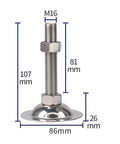 Beefy Heavy Duty M16 Adjustable Feet Set For Furniture And Machinery, Stainless Steel Levelers, Four Pack, Easy Install, Durable Leveling Feet For Tables, Chairs, Shelves, Desks, And Industrial Equipment, M16 107mm stainless steel leveler, 86mm base