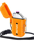 Waterproof Outdoor Lighter USB C Rechargeable Windproof Flameless Dual Arc Plasma Lighter with lanyard, orange