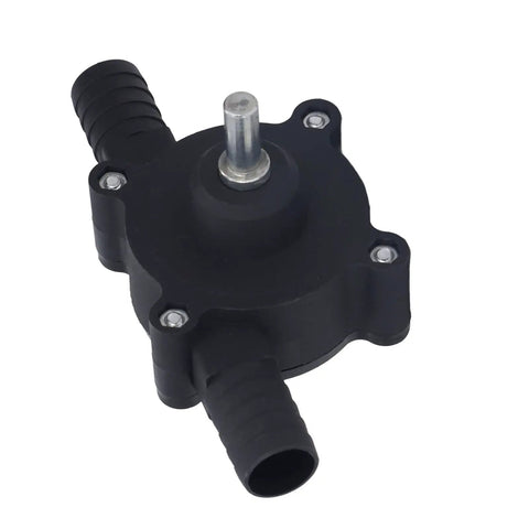 Heavy Duty Electric Drill Powered Sump Pump, compact black plastic body with connectors for rapid fluid transfer and drainage.