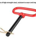 Three Eighths Inch Trailer Hitch Pin And Clip With Red Handle, Beefed Up Four Inch Length, Heavy Duty High Strength Steel