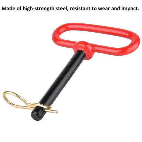 Three Eighths Inch Trailer Hitch Pin And Clip With Red Handle, Beefed Up Four Inch Length, Heavy Duty High Strength Steel