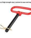 Built Tough Heavy Duty Trailer Hitch Pin With Vibrant Red Handle And Secure Safety Clip Precision Clevis Towing Pin close-up view