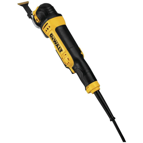 Yellow and black oscillating tool with 3 Amp corded motor, showing quick change attachments, dual grip, and LED