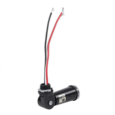 Automatic Dusk To Dawn Photoelectric Switch With Outdoor Light Sensor for 120V fixtures, front view showing wires and swivel mount.